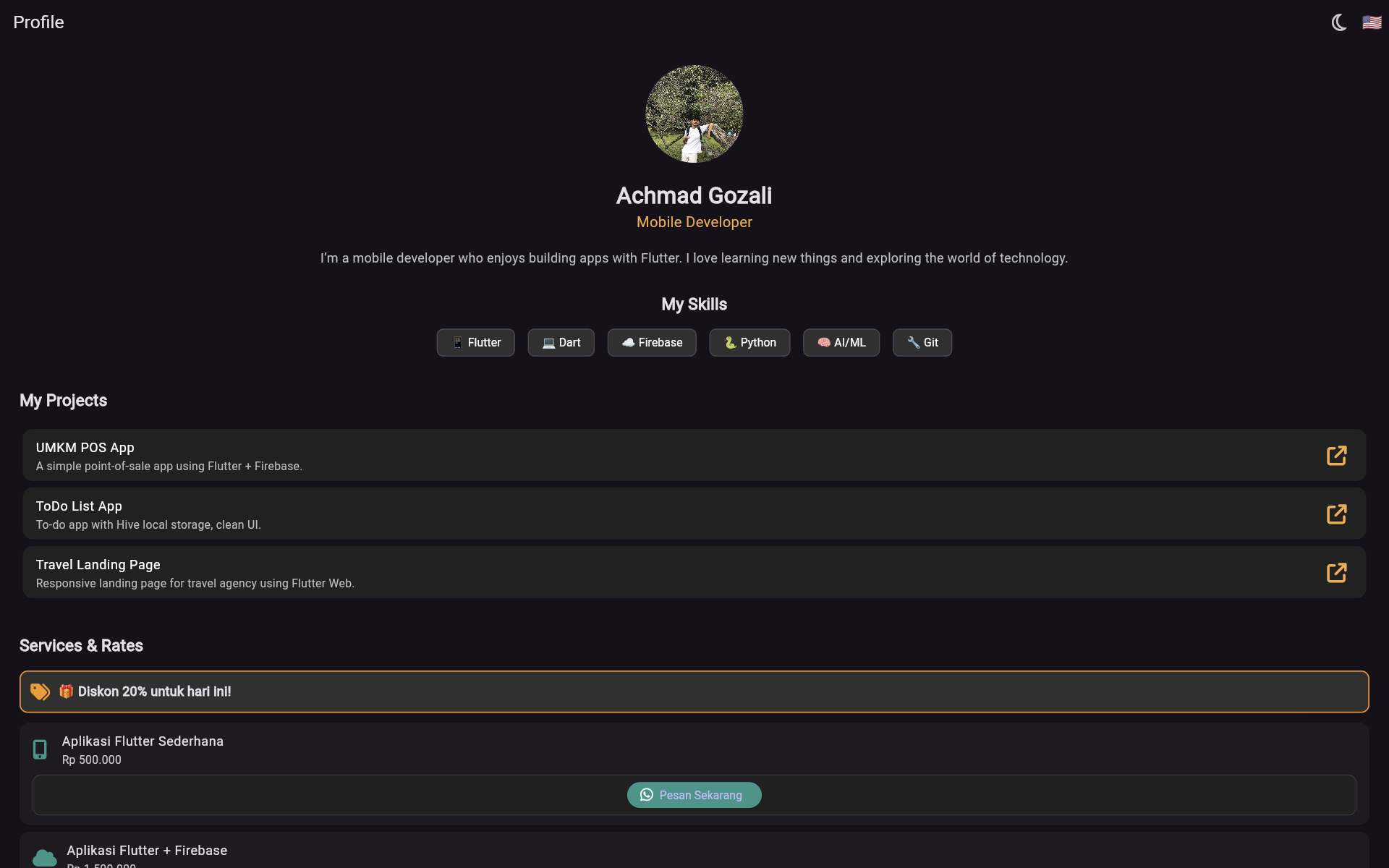 Screenshot aplikasi My Profile Flutter dengan interface modern dan clean design